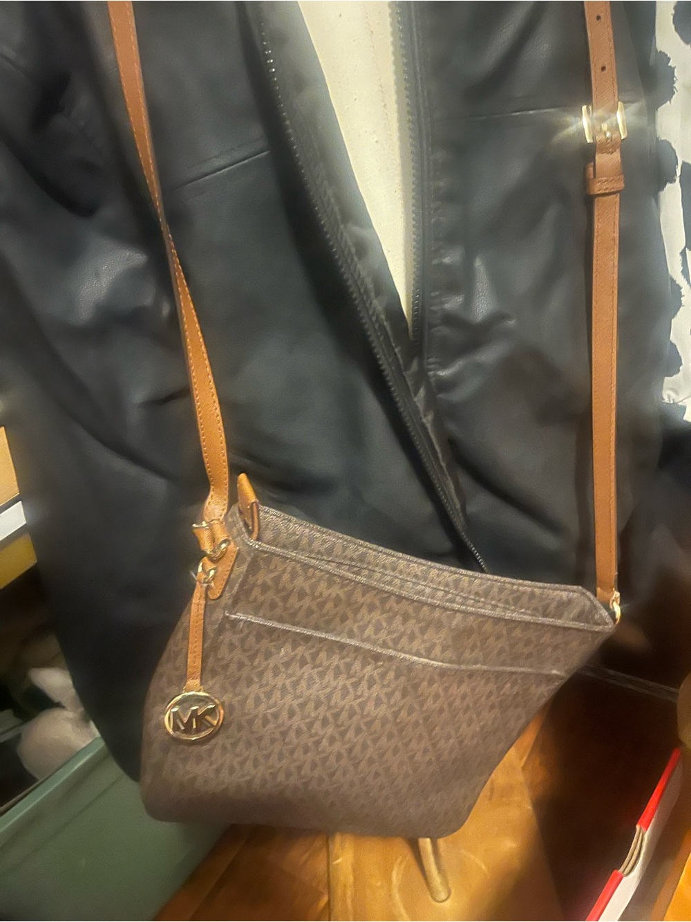 Michael Kors Brown MK Logo Crossbody with Tan Strap